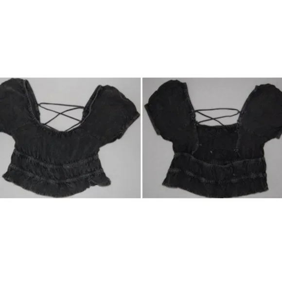 Rebellion Again, Size M, Rayon Crop Top, Strappy Back Off Shoulder, Gray - Picture 6 of 15